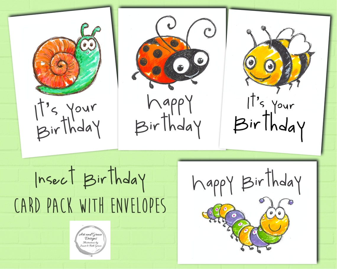 Insect Card Set Birthday Card Bundle Cute Bugs Ladybird and - Etsy
