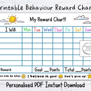 Printable PDF Reward Chart Personalised Instant Download Kid's