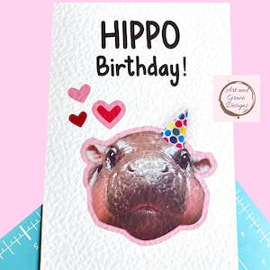 Moo Deng Geburtstagskarte - Viral Hippo Handgefertigte Geburtstag Meme Karte