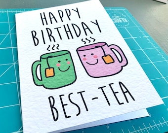 Cute Best - Carte de thé - Carte d'anniversaire pour les meilleurs amis - Illustration mignonne - Tasses à thé - Design rose et vert pastel