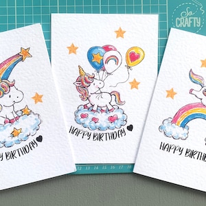Lot de trois cartes de joyeux anniversaire licorne, magie de licorne girly mignonne, carte de voeux, lot de cartes de luxe, cartes amusantes pour enfants