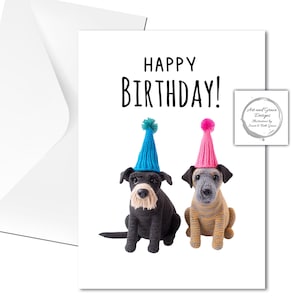 Chiens tricotés drôles avec des chapeaux de fête Carte de voeux - Joyeux anniversaire - Chiens mignons - Carte drôle pour un être cher - Animal mignon