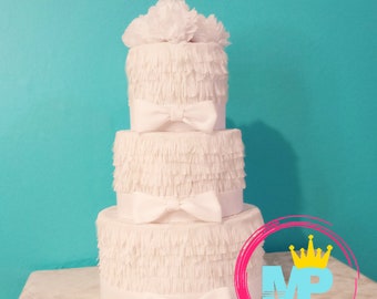 White wedding cake pinata.  With Ribbon Bows. Birthday cake pinata.