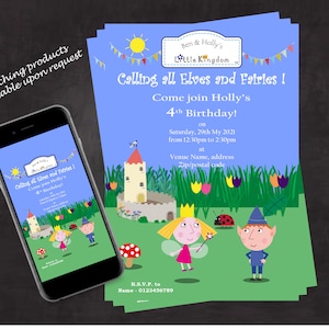 以下が含まれることがあります： ベン＆ホリーの小さな王国 のキャラクターが描かれた、青と緑の4歳の誕生日パーティーの招待状。招待状には、「Calling all Elves and Fairies! Come join Holly's 4th Birthday!」と記載されており、2021年5月29日（土）午後12時30分から午後2時30分までのパーティーの詳細が記載されています。カードには、RSVP用の電話番号も記載されています。