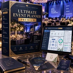 Könnte beinhalten: Ein dunkelblaues Ultimate Event Planner Premium Set mit goldener Schrift und Veranstaltungsbildern, ein Tablet mit digitalem Dashboard, ein passendes Notizbuch, ein schwarzer Stift, eine Tischnummer 12 Karte und ein All Access Ausweis.