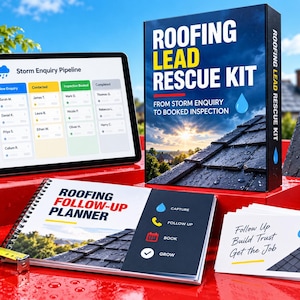 May include: A Roofing Lead Rescue Kit box, a Roofing Follow-Up Planner, a tablet displaying a Storm Enquiry Pipeline, a stack of cards with the text Follow Up Build Trust Get the Job, and a yellow measuring tape on a red surface.