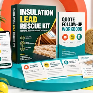May include: An Insulation Lead Rescue Kit box, a Quote Follow-up Workbook, a smartphone displaying an enquiry process, and four informational cards. The kit features text about responding, booking surveys, and following up, with icons for planning.