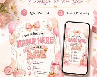 Luxury Custom Birthday Invitation, Personalised Kids Party Invite - Digital PDF JPG
