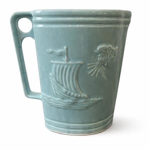 Vintage Robinson Ransbottom Zephyrus Pitcher Blue Art Deco Nautical Ship RRP Pottery Coastal Vase 1930s Ohio