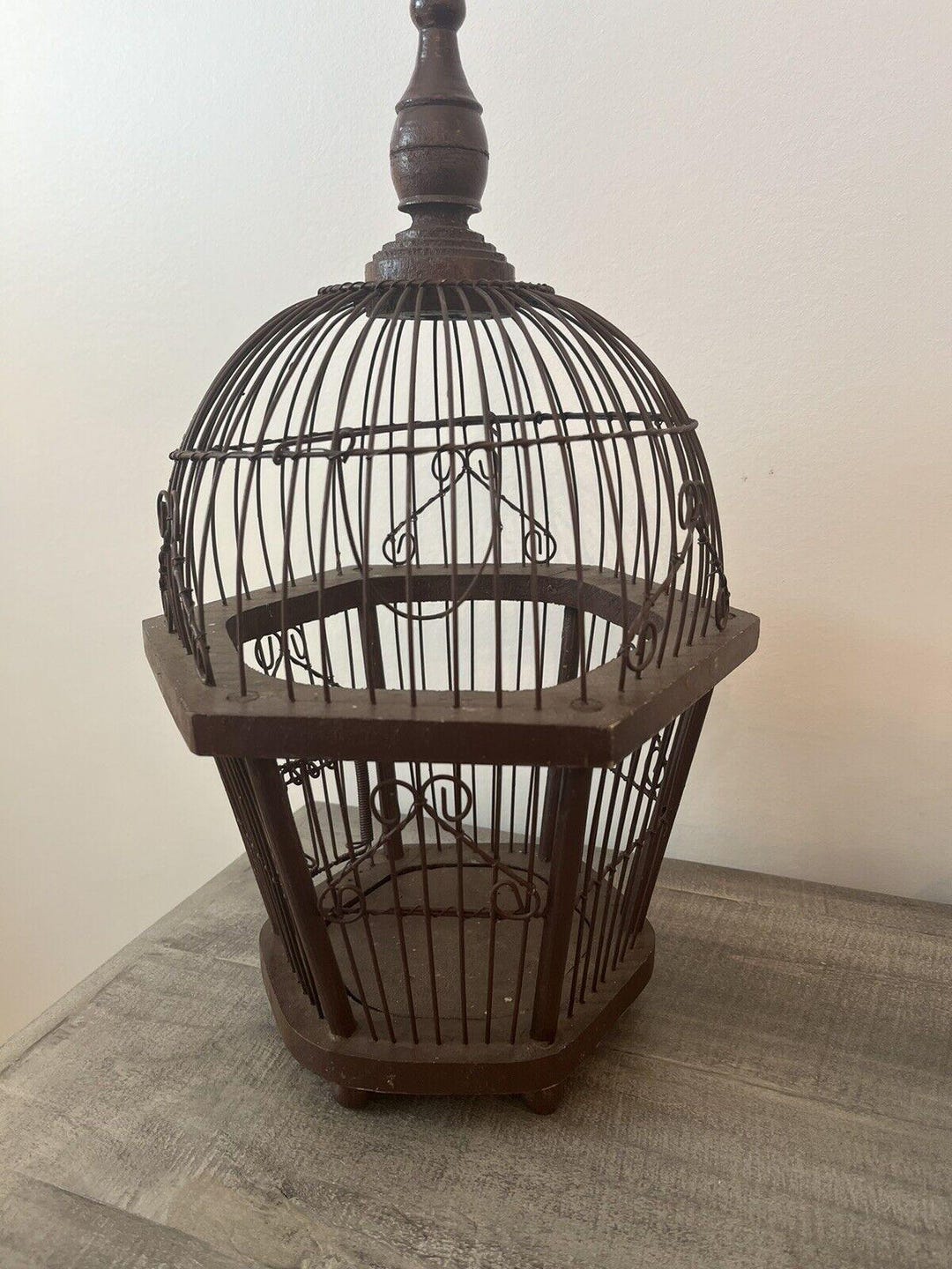 Vintage Wood and Wire Metal Dome Bird Cage Hexagon Perch Spindle Top ...