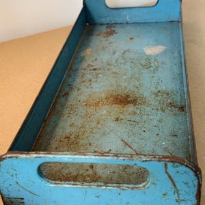Vintage Industrial Blue Metal Tray with Handles, Rustic Farmhouse Storage Organizer, Mid Century Utility Caddy, Distressed Primitive Decor