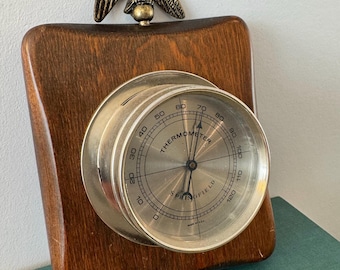 Vintage Springfield Thermometer Wood Base Eagle Finial Made in USA Brass Dial Wall Decor
