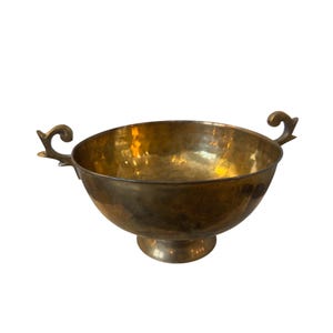 Vintage Brass Pedestal Bowl Centerpiece with Scroll Handles.  Hollywood Regency Cachepot Planter