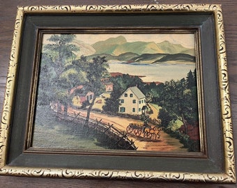 Vintage Original Framed Folk Art Style Oil Painting Signed By Artist