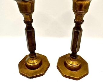 Vintage Pair Brass Petite Candlestick Holders 5” Tall with Aged Patina