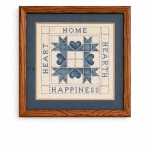 Vintage Framed Handmade Cross Stitch Sampler Home Heart Happiness. Needlepoint Wall Folk Art