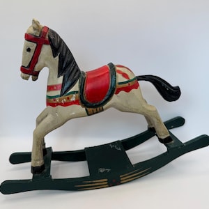 Vintage Hand Carved Wooden Rocking Horse – Folk Art Decorative Accent, Painted Rustic Holiday Décor, Whimsical Toy-Style Horse Figurine