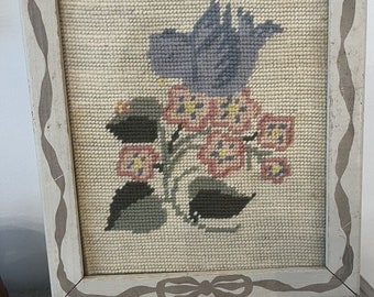 Vintage Wood Framed - Cross Stitch - Blue Bird - 10.5” X 9” Cottagecore Bowtie