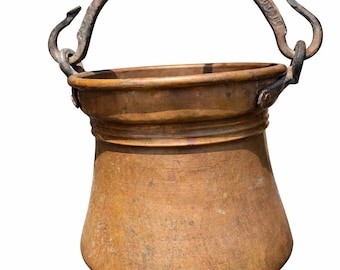 Antique Copper Cauldron Pot with Forged Iron Handle – Rustic Hand-Hammered Vessel, Primitive Farmhouse Kitchen and Garden Decor