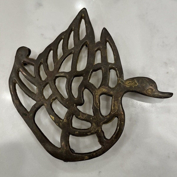 Vintage Brass Swan Trivet Made In Korea Heavy Patina