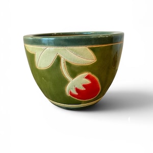 Vintage Strawberry Ceramic Planter, Large Green Glazed Pottery Flower Pot, Cottagecore Kitchen Garden Decor
