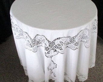 Large Tablecloth Decorated with Tape Lace - 80" Diameter - 100% White Cotton