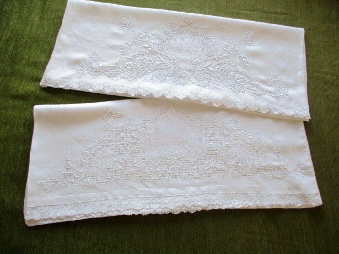 2 Antique Pillowcases Whiterwork Hand Embroidery Fine Linen Etsy UK