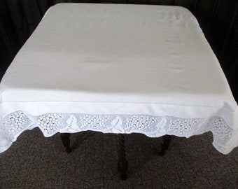 Antique Tablecloth,Irish linen, Hand crochet edge, Lilac design, 42"sq. All white