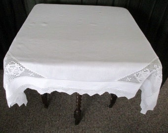 Antique Tablecloth decorated with a hand crochet edge & corners, Irish linen - 46"sq.