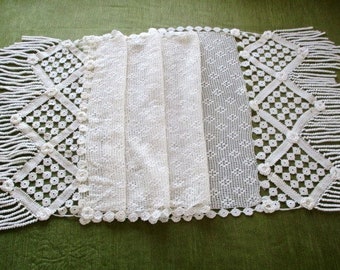 Vintage Table Runner - Hand crochet with tassels - Cream  - 48 x 163 cms - Unused
