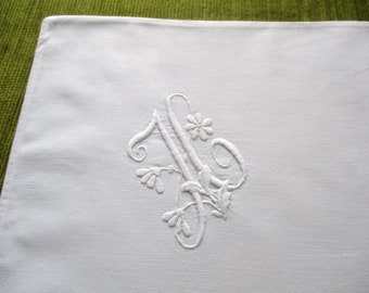 Antique pillowcase Monograme  H  Hand embroidered - White cotton