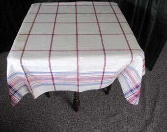 Vintage Farmhouse/Kitchen tablecloth-Blue/Red borders-52"sq  Unused - Linen