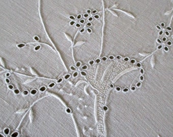 Antique tablecloth - Madeira Hand embroidery - Baskets of Flowers - Irish Linen - 34"sq.