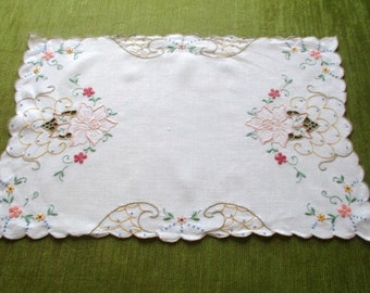 Antique Tray cloth - Madeira Hand embroidery - Pastels - Irish Linen - 12.5" x 19".