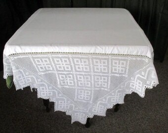 Antique Tablecloth cloth decorated with a deep hand crochet edge  - Linen