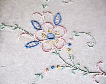 Antique Madeira Tablecloth - Pastel shades - Linen - 50"sq. Hand embroidered