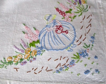 Vintage Hand embroidered tablecloth with  crinoline ladies - 50"sq.- from the 1950s