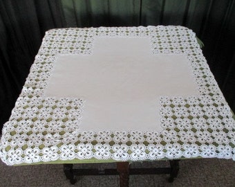 Antique Tablecloth - White linen  - 31/32"sq. with hand crochet corners and trim