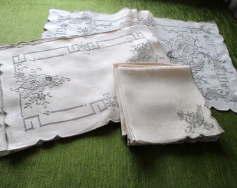 Vintage Madeira table runner set  6 place mats,6 napkins + 1 Long Table runner-beautifully hand embroidered-Linen-Unused