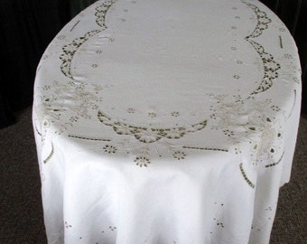 Antique Madeira large tablecloth - Hand Embroidered - Linen - 68" x 84"