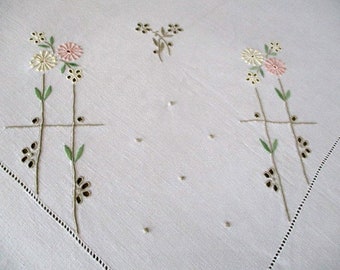 Antique Madeira Tablecloth - Pastel shades - Linen - 48"sq. Hand embroidered