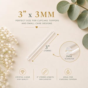 以下が含まれることがあります： 長さ75mm、直径3mmの透明な円筒形アクリルスティック。画像には75mm x 3mmという寸法を示すテキストラベルが含まれており、スティックの長さと直径が強調されています。