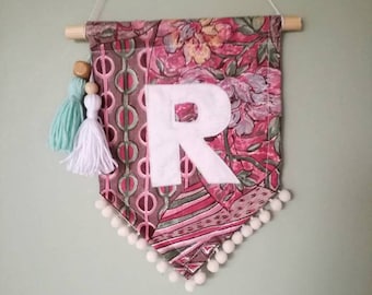 Pink Initial wall banner/ Wall flag/ Personalised wall pennant/Baby Shower Gift/ New Baby Gift,