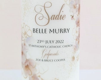 Personalised Baptism & Christening Candle Blush and Gold Floral Bouquets 20x7cm