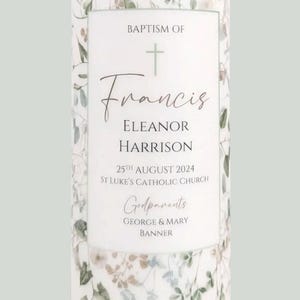 Personalised Baptism and Christening Candle White Green and Gold Rectangle Floral Design