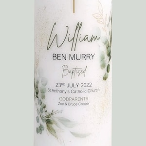 Personalised Baptism and Christening Candle Sage Green & Gold Leaf Bouquets