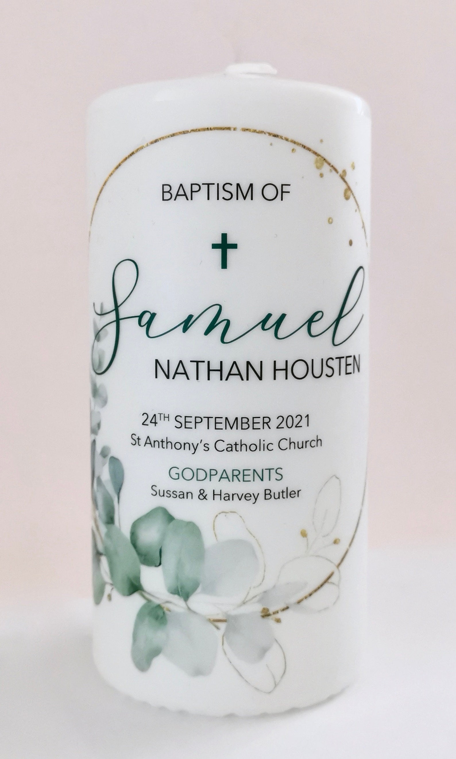 Personalised Baptism & Christening Candle Green Eucalyptus Etsy