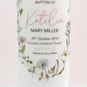 Personalised Baptism & Christening Candle Meadow Flowers Floral Wreath