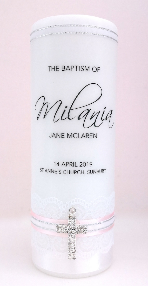 available in 2 sizes Personalised Christening Candle with Cross design
