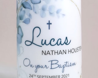 Personalised Baptism & Christening Candle Blue Eucalyptus Leaves Wreath 15x7cm